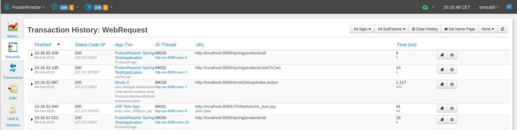 FusionReactor - Transaction history, showing that JSON Data has been captured